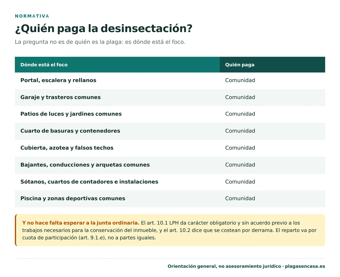 Tabla de quién paga la desinsectación según dónde esté el foco: portal, escalera, garaje, patios, cuarto de basuras, cubierta, bajantes, sótanos y zonas deportivas comunes corresponden a la comunidad; el interior de cada vivienda, a su propietario.