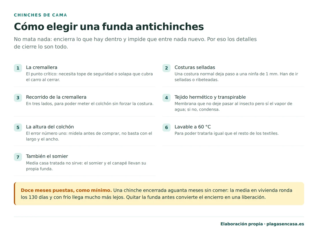 Los siete criterios para elegir una funda antichinches: cremallera con tope o solapa, costuras selladas, recorrido de la cremallera en tres lados, tejido hermético y transpirable, altura correcta del colchón, lavable a 60 grados y funda también para el somier.