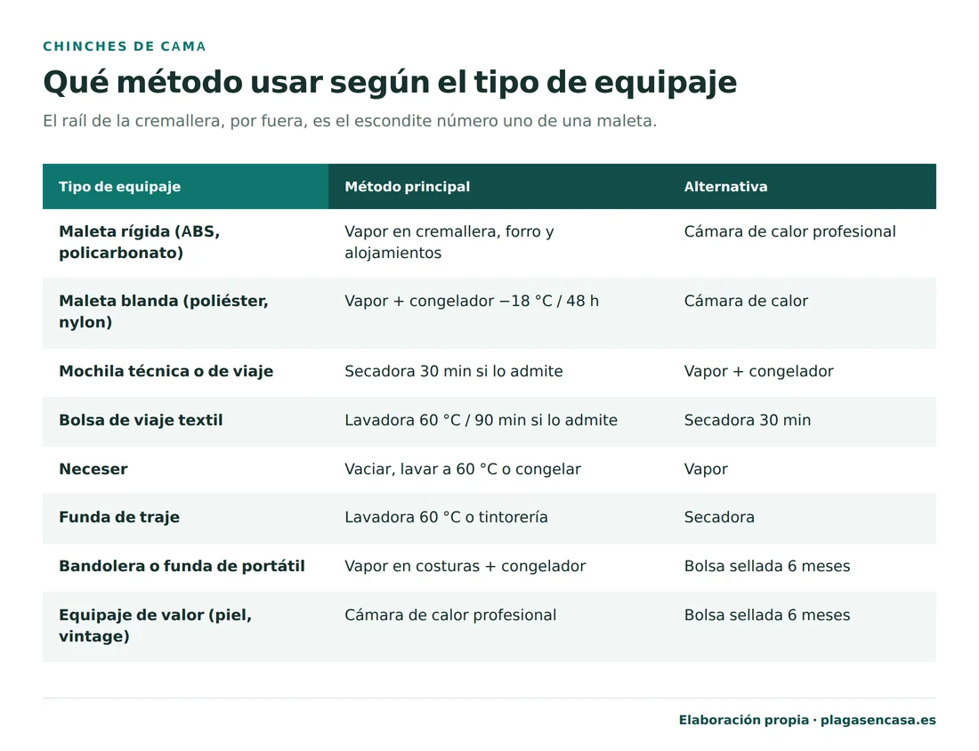 Tabla del método recomendado para desinfectar cada tipo de equipaje tras un viaje: maleta rígida con vapor, maleta blanda con vapor y congelador, mochila en secadora, bolsa de viaje en lavadora a 60 grados, neceser lavado o congelado, funda de traje a tintorería y equipaje de valor en cámara de calor profesional.
