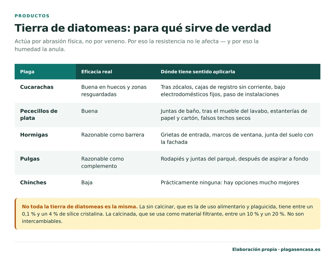 Tabla de la eficacia real de la tierra de diatomeas por plaga y dónde tiene sentido aplicarla: buena en cucarachas y pececillos de plata, razonable como barrera en hormigas y como complemento en pulgas, y baja en chinches.