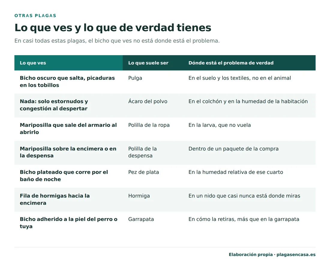 Tabla para identificar qué plaga tienes a partir de lo que ves: un bicho que salta y picaduras en los tobillos es una pulga, estornudos al despertar son ácaros del polvo, una mariposilla que sale del armario es polilla de la ropa, una en la despensa es polilla de la despensa, un bicho plateado en el baño es un pez de plata, una fila hacia la encimera son hormigas y un bicho adherido a la piel es una garrapata.